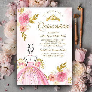 Invitación Vestido floral rosa Princesa Oro Quinceanera
