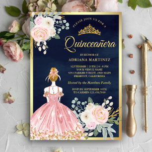 Invitación Vestido Floral Rosa Rosado Azul Marino Dorado Quin