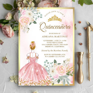 Invitación Vestido Floral Rosa Rosado Princesa Quinceañera Do