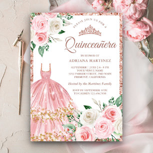 Invitación Vestido Floral Rosa Rosado Quinceañera Oro Rosa