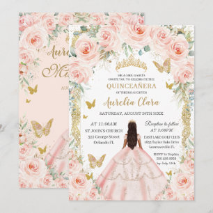 Invitación Vestido Floral Rosa Rubor Dorado Vintage Quinceañe