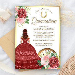 Invitación Vestido Floral Rústico Rojo Charro Dorado Quinceañ