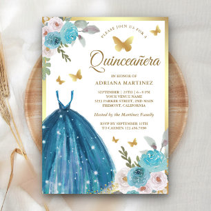 Invitación Vestido floral turquesa Mariposa Oro Quinceanera