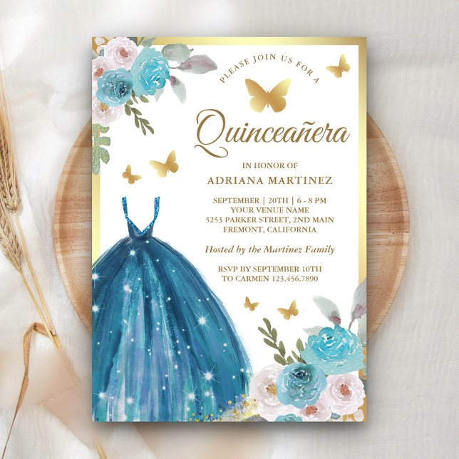 Invitación Vestido floral turquesa Mariposa Oro Quinceanera (Subido por el creador)