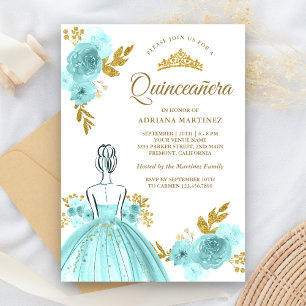 Invitación Vestido floral verde azulado Princess Gold Quincea