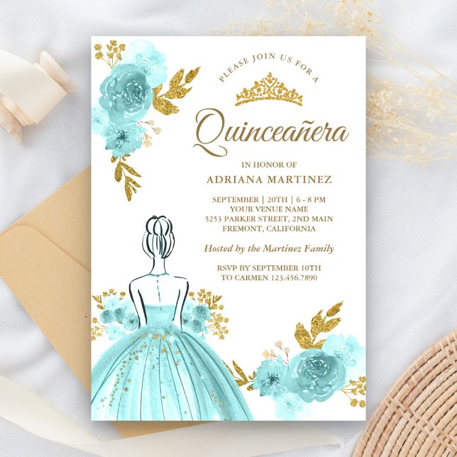 Invitación Vestido floral verde azulado Princess Gold Quincea (Subido por el creador)