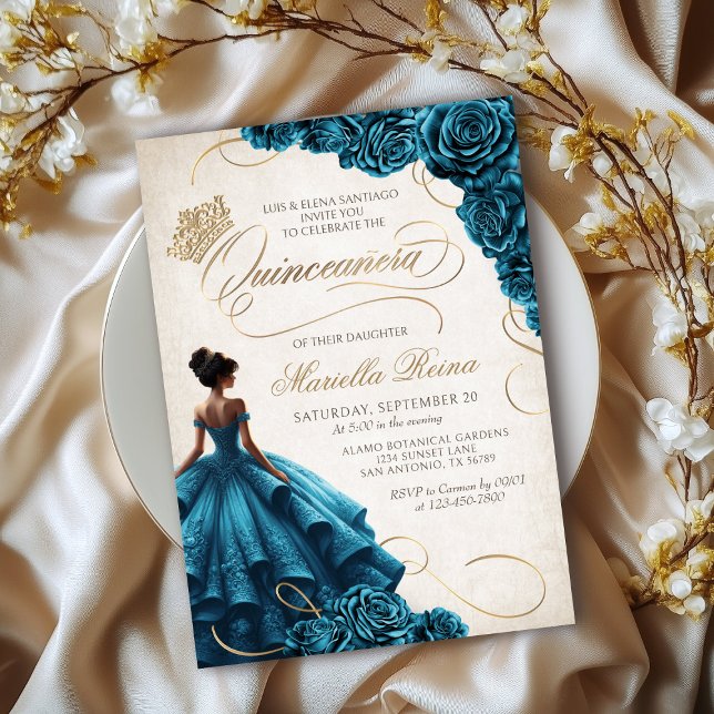 Invitación Vestido floral verde azulado Quinceañera (Subido por el creador)