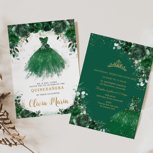 Invitación Vestido floral verde esmeralda Princesa Quinceañer (Subido por el creador)