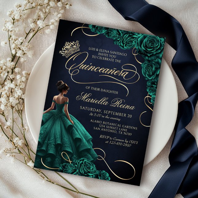 Invitación Vestido floral verde esmeralda Quinceañera (Subido por el creador)