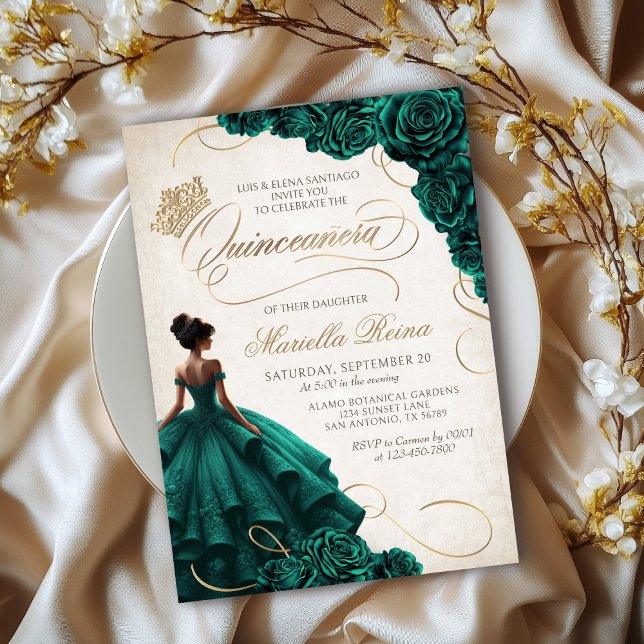 Invitación Vestido floral verde esmeralda Quinceañera (Subido por el creador)
