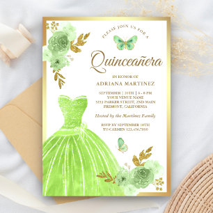 Invitación Vestido Floral Verde Lima Mariposa Quinceañera Dor
