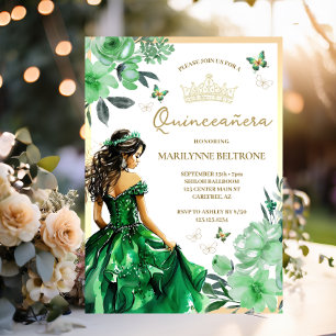 Invitación Vestido floral verde mariposa Quinceañera