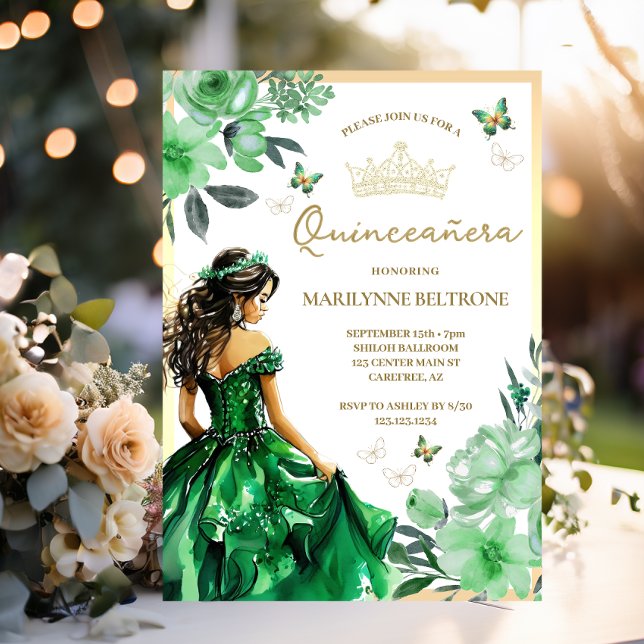 Invitación Vestido floral verde mariposa Quinceañera (Subido por el creador)