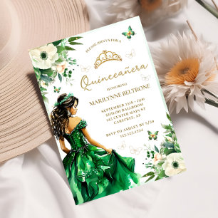 Invitación Vestido floral verde mariposa Quinceañera