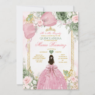 Invitación Vestido Floral Verde Salvia Princesa Quinceañera R