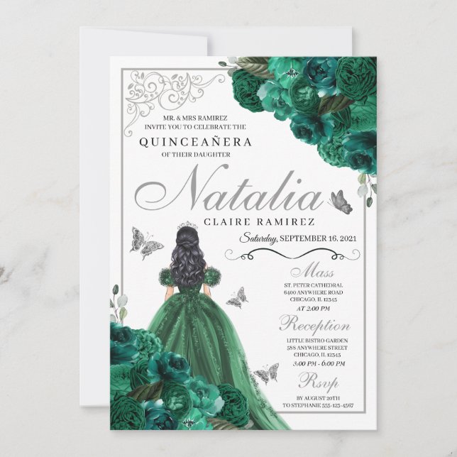 Invitación Vestido floral verde y plateado de princesa Quince (Anverso)