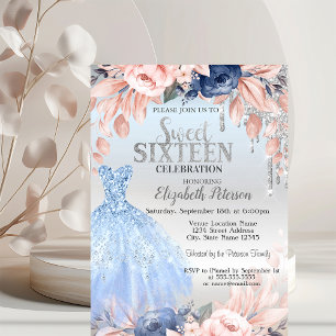 Invitación Vestido Flores Azules Glitter Drips, Dulces 16 Pla