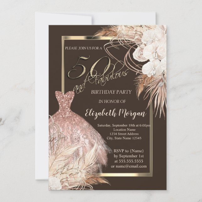 Invitación Vestido, Flores Boho Confeti Marrón Cumpleaños 50 (Anverso)