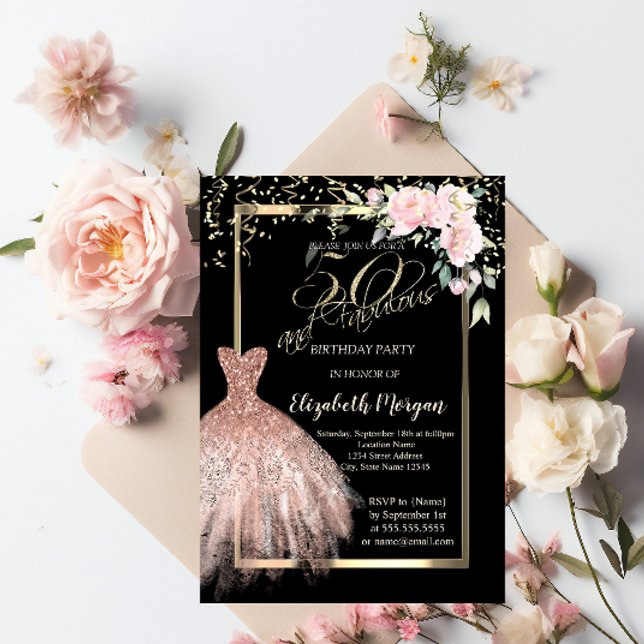 Invitación Vestido, Flores de Confeti Rosa Dorado Cumpleaños  (Subido por el creador)