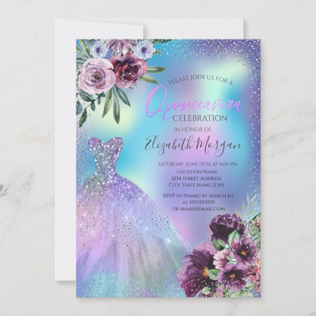 Invitación Vestido,Flores violetas Holográfica Quinceañera (Anverso)