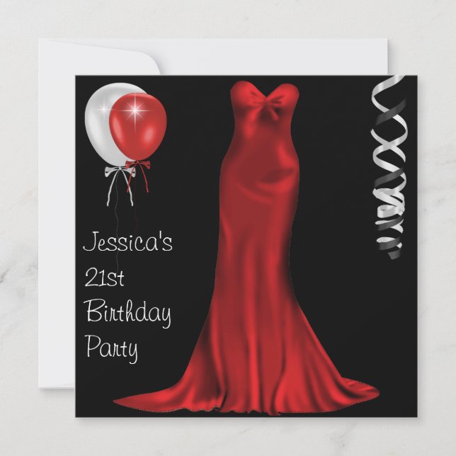 Invitación Vestido formal rojo blanco negro 21 cumpleaños (Anverso)