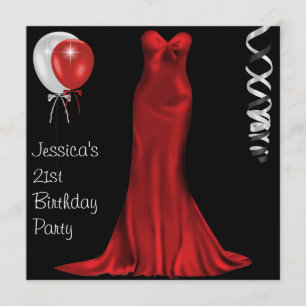Invitación Vestido formal rojo blanco negro 21 cumpleaños
