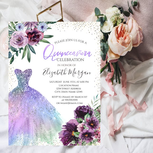 Invitación Vestido genial, flores violetas de confeti Quincea (Subido por el creador)