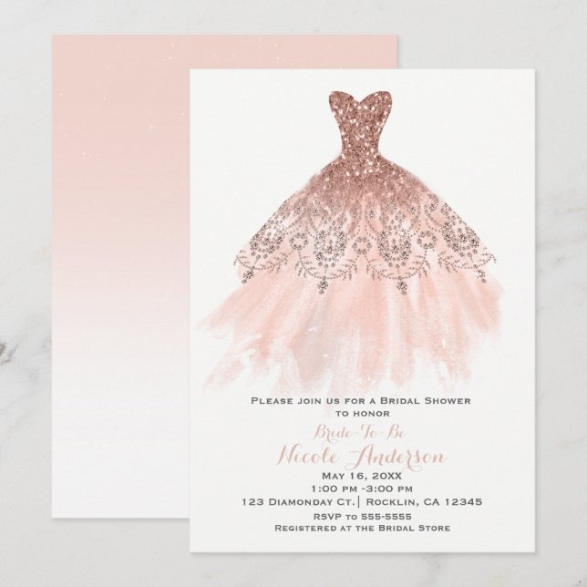 Invitación Vestido Glamour con Brillo Rosa de Melocotón Rubor (Anverso / Reverso)