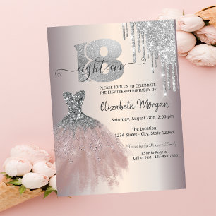 Invitación Vestido Glitter Chic con gotas de plata para cumpl