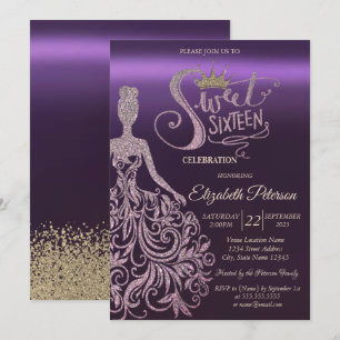 Invitación Vestido Glitter Chic, Diadema, Diamantes Morado Du