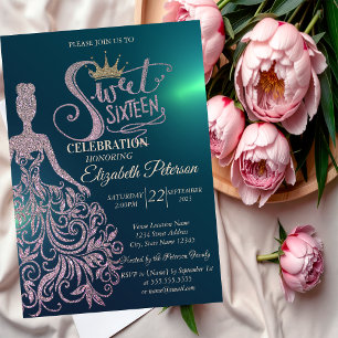 Invitación Vestido Glitter Chic, Diadema, Diamantes Verde Dul