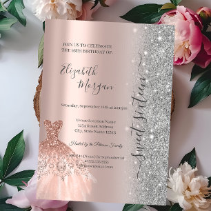 Invitación Vestido Glitter Glitter Rosa Dorado Sweet 16