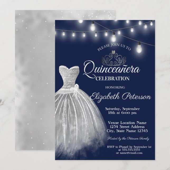 Invitación Vestido gris marina azul quinceañera (Anverso / Reverso)
