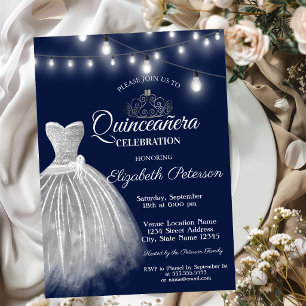 Invitación Vestido gris Quinceañera azul marino