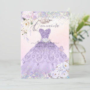 Invitación Vestido holográfico de quinceañera polvo púrpura