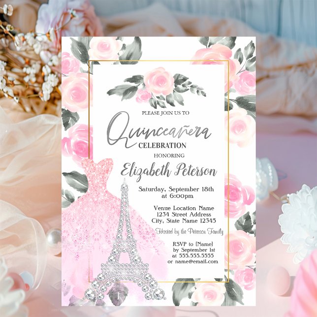 Invitación Vestido Lavander, Torre Eiffel Floral Quinceañera (Subido por el creador)