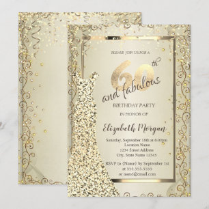 Invitación Vestido lentejuelas chic dorado Cumpleaños 60