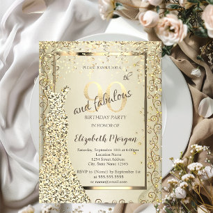 Invitación Vestido lentejuelas Chic Dorado Cumpleaños 90