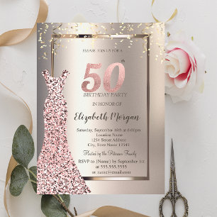 Invitación Vestido lentejuelas rosa dorado Cumpleaños 50 marf