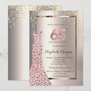 Invitación Vestido lentejuelas rosa dorado Cumpleaños 65 marf