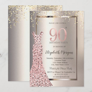 Invitación Vestido lentejuelas rosa dorado Cumpleaños 90 marf