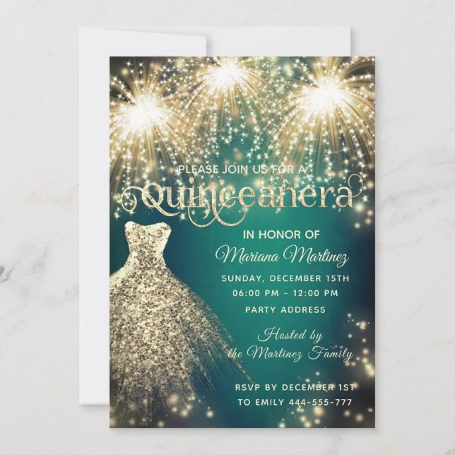 Invitación Vestido lujoso dorado de fuegos artificiales (Anverso)