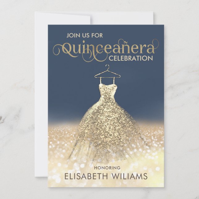 Invitación Vestido lujoso purpurinoso de oro sombrío Quinceañ (Anverso)
