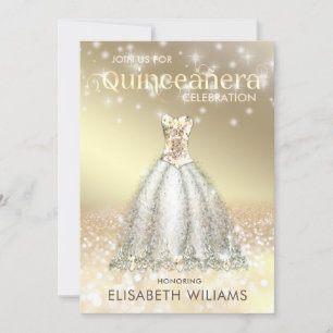 Invitación Vestido lujoso purpurinoso de oro sombrío Quinceañ