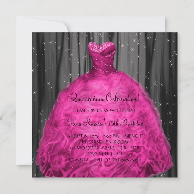 Invitación Vestido magenta Quinceanera (Anverso)