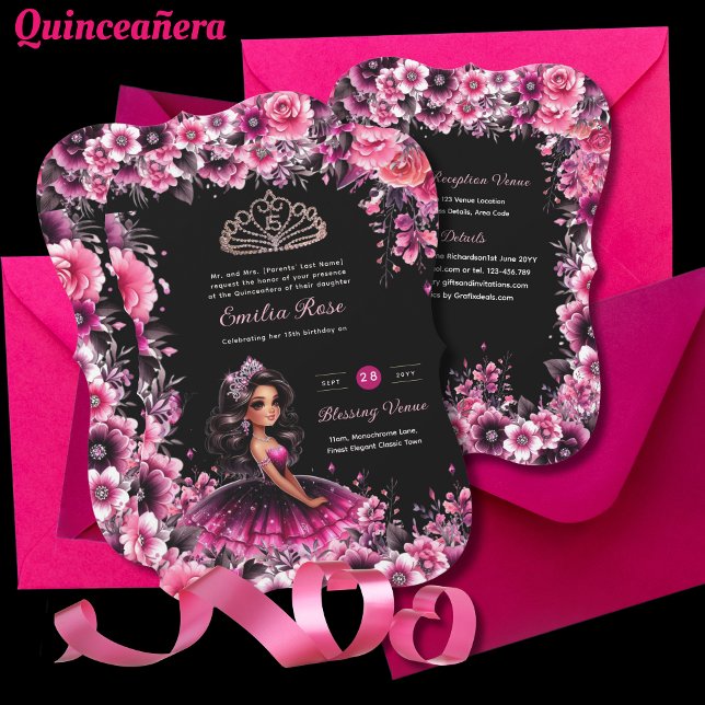 Invitación Vestido Magenta Rosa Quinceanera Floral (Subido por el creador)