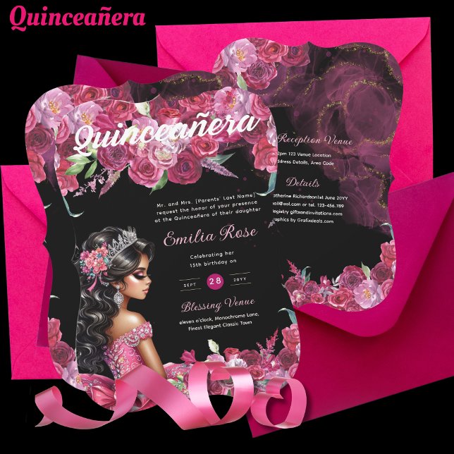 Invitación Vestido Magenta Rosa Quinceanera Floral (Subido por el creador)