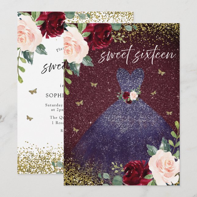 Invitación Vestido mágico de la Marina Borgoña Rojo Floral Du (Anverso / Reverso)