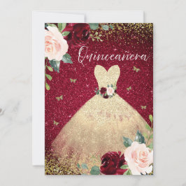 Invitación Vestido mágico de oro rojo borgoña Quinceanera