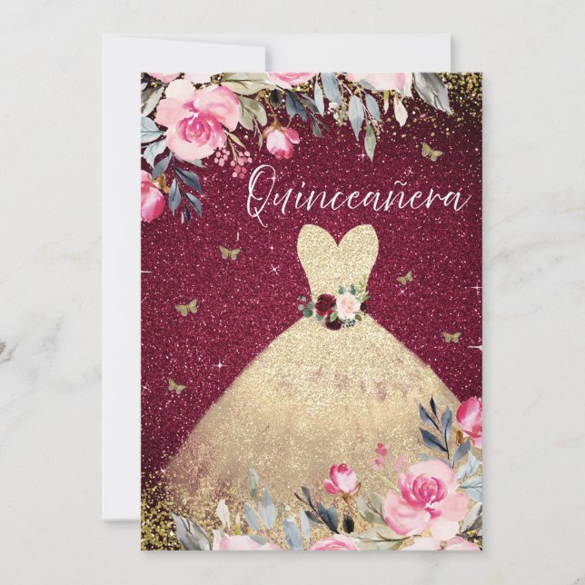 Invitación Vestido mágico de oro Rubor Floral rosa Quinceaner (Anverso)